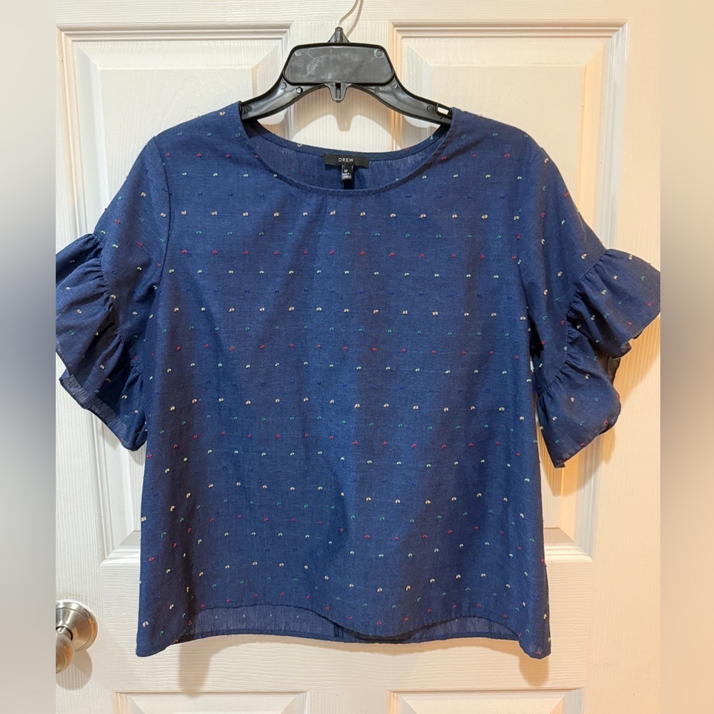 DREW Blue Ruffled Boxy Short Sleeve Blouse Ruffle Sleeve - Picture 3 of 6